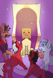 Size: 880x1280 | Tagged: safe, artist:darmetyt, imported from derpibooru, oc, oc:blue chewings, oc:darmet, oc:jack foley, oc:paper bag, oc:torque, earth pony, pony, unicorn, butt, harem, paper bag gets all the stallions, plot, sitting