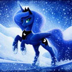 Size: 1024x1024 | Tagged: safe, editor:dovakkins, imported from derpibooru, princess luna, alicorn, pony, ai content, ai generated, beautiful, crown, cute, female, generator:purplesmart.ai, generator:stable diffusion, jewelry, lunabetes, mare, peytral, rearing, regalia, smiling, snow, solo, winter