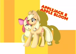 Size: 2048x1448 | Tagged: safe, artist:luca54976604, imported from derpibooru, apple bloom, applejack, earth pony, pony, abstract background, apple sisters, female, filly, foal, mare, siblings, sisters