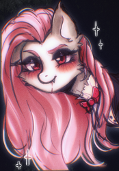 Size: 1640x2360 | Tagged: safe, artist:vaiola, imported from derpibooru, fluttershy, pegasus, pony, undead, vampire, vampony, big eyes, black background, blood, blushing, bowtie, bust, clothes, confident, costume, eyebrows, eyeshadow, fangs, female, fluttergoth, goth, halloween, halloween costume, holiday, looking at you, makeup, mare, portrait, simple background, solo, sparkles