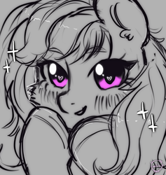 Size: 1939x2048 | Tagged: safe, artist:vaiola, imported from derpibooru, oc, oc only, oc:emilia starsong, pony, avatar, big eyes, blushing, bust, cheerful, cute, excited, eyebrows, happy, heart, icon, looking at you, pink, portrait, simple background, sketch, smiling, solo, sparkles