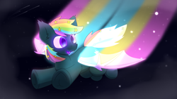 Size: 5000x2813 | Tagged: safe, artist:monycaalot, imported from derpibooru, oc, oc only, oc:prism star, bat pony, pony, bat pony oc, bat wings, commission, fangs, flying, glowing, glowing eyes, glowing mane, glowing mouth, glowing wings, heterochromia, male, multicolored hair, night, night sky, rainbow hair, sky, smiling, solo, spread wings, stars, wings