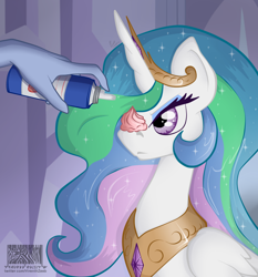 Size: 820x881 | Tagged: safe, artist:virenth, imported from derpibooru, princess celestia, alicorn, pony, celestia is not amused, disembodied hand, food, hand, jewelry, offscreen character, regalia, solo focus, this will end in a trip to the moon, unamused, whipped cream