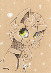 Size: 1024x1444 | Tagged: safe, artist:lailyren, imported from derpibooru, sweetie belle, pony, robot, robot pony, unicorn, bust, curly hair, female, green eyes, heart, mare, partial color, portrait, signature, smiling, solo, sweetie bot, traditional art