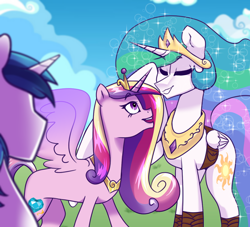 Size: 1000x909 | Tagged: artist needed, source needed, safe, imported from derpibooru, princess cadance, princess celestia, shining armor, alicorn, pony, unicorn, crown, female, jewelry, male, regalia, shipping, stallion, straight