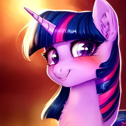 Size: 1082x1082 | Tagged: safe, imported from derpibooru, twilight sparkle, pony, unicorn, ai content, ai generated, blushing, bust, ear fluff, generator:purplesmart.ai, generator:stable diffusion, looking at you, smiling, solo