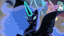 Size: 1440x810 | Tagged: safe, artist:obabscribbler, imported from derpibooru, nightmare moon, princess cadance, raven, alicorn, pony, unicorn, angry, ethereal mane, ethereal tail, female, glowing, glowing horn, gritted teeth, horn, magic, magic aura, spread wings, tail, teeth, telekinesis, wings