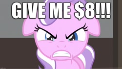 Size: 1280x720 | Tagged: safe, edit, edited screencap, imported from derpibooru, screencap, diamond tiara, earth pony, pony, $8, angry, caption, elon musk, floppy ears, image macro, meta, money, sade, text, twitter