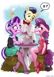 Size: 2894x4093 | Tagged: safe, artist:lummh, imported from derpibooru, savoir fare, starlight glimmer, sugar belle, anthro, earth pony, unguligrade anthro, unicorn, awkward, awkward smile, bowtie, check, clothes, clover cafe, commission, cup, dress, equal, equal sign, female, floppy ears, grin, hay bale, high res, hoof shoes, horte cuisine, jacket, looking at each other, looking at someone, male, mare, mushroom table, nervous, nervous grin, pictogram, plate, ptsd, question mark, sitting at table, smiling, speech bubble, spoon, stallion, sweat, sweatdrops, table, towel, trio, tuxedo, waiter