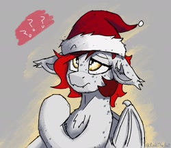 Size: 1668x1449 | Tagged: safe, artist:reddthebat, imported from derpibooru, oc, oc only, oc:reddthebat, bat pony, pony, bat pony oc, christmas, female, floppy ears, freckles, hat, holiday, looking up, mare, question mark, santa hat, solo