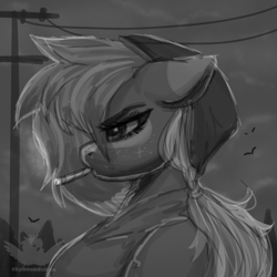 Size: 2000x2000 | Tagged: safe, artist:skyboundsiren, imported from derpibooru, oc, oc only, oc:siren andromeda, alien, alien pony, anthro, pegasus, beanie, clothes, drugs, female, floppy ears, grayscale, hat, hoodie, joint, marijuana, monochrome, sketch, smoking, solo