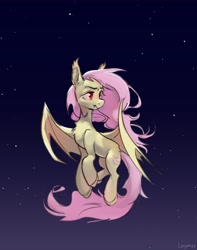 Size: 3235x4096 | Tagged: safe, artist:laymy, imported from derpibooru, fluttershy, bat pony, pony, bat ponified, bat wings, chest fluff, female, flutterbat, flying, glowing, glowing eyes, high res, looking away, mare, night, race swap, solo, spread wings, stars, three quarter view, turned head, wings