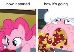Size: 1920x1353 | Tagged: safe, edit, edited screencap, imported from derpibooru, screencap, pinkie pie, earth pony, pony, the last roundup, caption, cherry, food, full mouth, herbivore, licking, meme, pinkie being pinkie, solo, text, tongue out