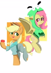 Size: 2896x4096 | Tagged: safe, artist:skylinepony_, imported from derpibooru, applejack, fluttershy, bat pony, earth pony, pony, antonymph, apple, bat ponified, clothes, duo, female, flutterbat, fluttgirshy, flying, food, gir, hoodie, mare, race swap, standing on two hooves