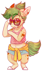 Size: 960x1642 | Tagged: safe, artist:eggoatt, imported from twibooru, oc, oc only, unnamed oc, earth pony, pony, bipedal, clothes, image, looking at you, png, shorts, simple background, smiling, sunglasses, transparent background