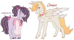 Size: 3000x1633 | Tagged: safe, artist:eggoatt, imported from twibooru, oc, oc only, oc:champion, oc:chocolat, earth pony, pegasus, pony, bow, clothes, collar, ear piercing, earring, floppy ears, image, jewelry, male, males only, piercing, png, ponytail, simple background, stallion, tail bow, transparent background, trap, unshorn fetlocks