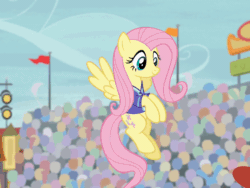 Size: 800x603 | Tagged: safe, imported from derpibooru, screencap, fluttershy, pegasus, pony, common ground, season 9, spoiler:s09, animated, badass, buckball, cartoon physics, clothes, crowd, cute, female, flapping wings, flutterbadass, flying, gif, grin, lidded eyes, mare, prehensile tail, shyabetes, smiling, smirk, smug, solo focus, spinning, tail, tail hold, uniform, wings