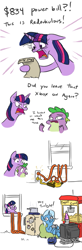 Size: 431x1314 | Tagged: safe, artist:jargon scott, imported from derpibooru, spike, trixie, twilight sparkle, dragon, pony, unicorn, angry, beanbag chair, bill, cinder block, comic, controller, crossed legs, crying, dialogue, extension cord, food, gamecube, hoof hold, inconvenient trixie, lava lamp, open mouth, open smile, popcorn, pot, power bill, refrigerator, shocked, shocked expression, sitting, smiling, stealing, teary eyes, television, this will end in bankruptcy, twilight sparkle is not amused, unamused, window