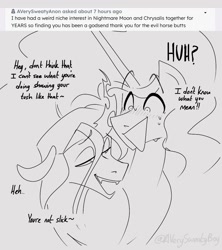 Size: 1000x1125 | Tagged: safe, artist:averysweatyboy, imported from derpibooru, nightmare moon, queen chrysalis, alicorn, changeling, changeling queen, pony, ask, chrysmoon, curiouscat, dialogue, female, lesbian, lidded eyes, mare, monochrome, nervous sweat, open mouth, open smile, shipping, smiling, sweat