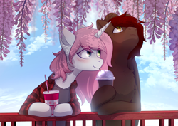 Size: 2039x1447 | Tagged: safe, artist:glumarkoj, imported from derpibooru, oc, oc only, oc:bubblegum kiss, oc:whiskey dreams, pony, unicorn, clothes, drink, duo, heterochromia, shirt