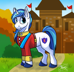 Size: 911x877 | Tagged: safe, artist:jenery, imported from derpibooru, shining armor, pony, unicorn, castle, clothes, looking at you, male, solo, stallion