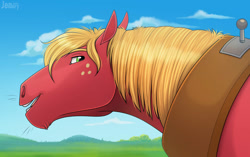 Size: 1129x707 | Tagged: safe, artist:jenery, imported from derpibooru, big macintosh, earth pony, pony, big macintosh's yoke, hoers, horse collar, looking at you, looking back, looking back at you, male, open mouth, solo, stallion, yoke