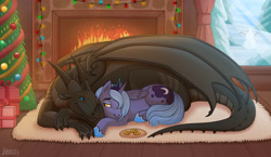 Size: 1175x680 | Tagged: safe, artist:jenery, imported from derpibooru, princess luna, alicorn, dragon, pony, christmas, christmas tree, cookie, female, fire, fireplace, food, holiday, looking at each other, looking at someone, mare, present, s1 luna, smiling, snow, snowman, string lights, tree, window