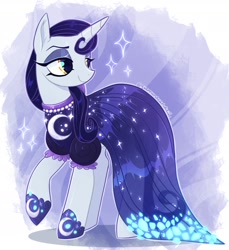 Size: 1771x1936 | Tagged: safe, artist:qwennondeathdie, imported from derpibooru, moonlight raven, pony, unicorn, clothes, dress, female, looking at something, mare, smiling, solo