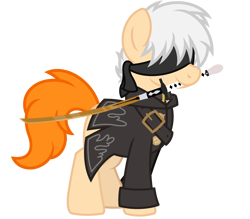 Size: 3200x2800 | Tagged: safe, artist:ponkus, imported from derpibooru, oc, oc:scribbles, earth pony, pony, 9s, belt, blindfold, buttons, clothes, cosplay, costume, cute, jacket, male, mouth hold, nier: automata, simple background, solo, stallion, sword, transparent background, weapon, wig