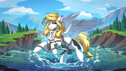 Size: 2500x1406 | Tagged: safe, artist:redchetgreen, imported from derpibooru, oc, oc only, oc:star nai, alicorn, pony, alicorn oc, clothes, female, horn, leg fluff, lidded eyes, looking at you, mare, mountain, scenery, solo, splash, spread wings, water, wings