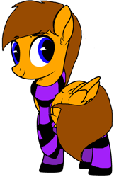 Size: 1200x1860 | Tagged: safe, imported from derpibooru, oc, oc only, oc:nexi, pegasus, pony, blue eyes, brown mane, clothes, male, orange coat, pegasus oc, raised hoof, scarf, simple background, smiling, socks, solo, striped scarf, striped socks, white background