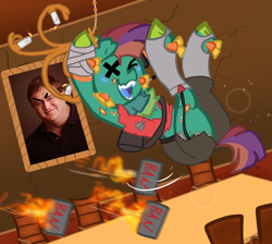 Size: 3013x2702 | Tagged: safe, artist:nootaz, imported from derpibooru, oc, oc:deadmeat, piñata pony, pony, butt, commission, gabe newell, piñata, plot, team fortress 2, x eyes