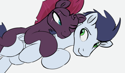 Size: 2033x1198 | Tagged: artist needed, safe, imported from derpibooru, soarin', tempest shadow, pegasus, pony, unicorn, broken horn, crack shipping, cuddling, duo, female, horn, looking at each other, looking at someone, lying down, male, mare, one eye closed, shipping, simple background, snuggling, stallion, straight, tempin', white background