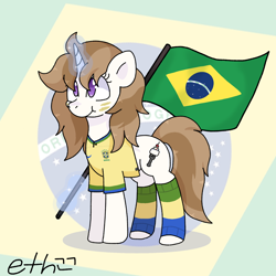 Size: 1800x1800 | Tagged: artist needed, safe, imported from derpibooru, oc, oc only, oc:fluffymarsh, pony, unicorn, brazil, brown mane, clothes, colorful, female, flag, food, football, happy, magic, mare, marshmallow, patriotic, purple eyes, shirt, simple background, world cup