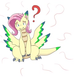 Size: 1000x1000 | Tagged: safe, artist:kushina13, imported from derpibooru, fluttershy, dragon, cute, cute little fangs, dragonified, fangs, female, flammie, flutterdragon, question mark, secret of mana, simple background, solo, species swap, white background