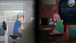 Size: 6000x3374 | Tagged: safe, artist:yunguy1, artist:yunsp, imported from derpibooru, fluttershy, tom, oc, human, chair, clothes, computer, desk, duo focus, facing each other, faith summers, female, high res, hoodie, humanized, laptop computer, male, office chair, sitting, starswirl academy, tom stone, toy