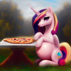 Size: 1024x1024 | Tagged: safe, imported from derpibooru, princess cadance, alicorn, pony, ai content, ai generated, belly, big belly, cravings, female, food, grass, horn, mare, outdoors, peetzer, pizza, pregdance, pregnant, solo, that pony sure does love pizza, wings