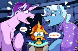 Size: 1208x798 | Tagged: safe, artist:redxbacon, imported from derpibooru, starlight glimmer, sunburst, trixie, pony, unicorn, argument, cape, clothes, dialogue, female, floppy ears, glasses, indoors, male, mare, rule 63, speech bubble, stallion, stellar gleam, sunstone (g4 r63 sunburst), sweat, trio, tristan, trixie's cape