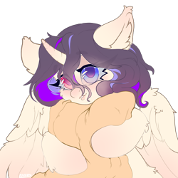 Size: 4000x4000 | Tagged: safe, artist:avery-valentine, imported from derpibooru, alicorn, pony, bust, ear fluff, horn, hug, pillow, pillow hug, portrait, simple background, smiling, solo, spread wings, transparent background, wings