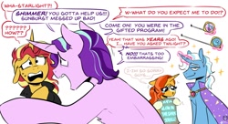 Size: 1370x748 | Tagged: safe, artist:redxbacon, imported from derpibooru, starlight glimmer, sunburst, sunset shimmer, trixie, pony, unicorn, cape, clothes, dialogue, female, glasses, implied long penis, implied small penis, implied transgender transformation, magic, male, mare, measuring tape, rule 63, simple background, smug, speech bubble, stallion, stellar gleam, sunstone (g4 r63 sunburst), teary eyes, tristan, trixie's cape, white background