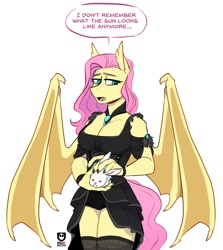 Size: 988x1106 | Tagged: safe, artist:redxbacon, imported from derpibooru, angel bunny, fluttershy, anthro, bat pony, bat ponified, big breasts, breasts, busty fluttershy, cleavage, dialogue, fangs, female, flutterbat, goth, gothic, nail polish, race swap, simple background, slit pupils, solo, teal eyes, white background