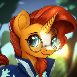 Size: 512x512 | Tagged: safe, editor:paracompact, imported from derpibooru, sunburst, pony, unicorn, ai assisted, ai content, ai generated, blaze (coat marking), bust, cloak, clothes, coat markings, cute, facial markings, forest, forest background, generator:purplesmart.ai, generator:stable diffusion, glasses, looking at you, male, portrait, solo, stallion, sunburst's cloak