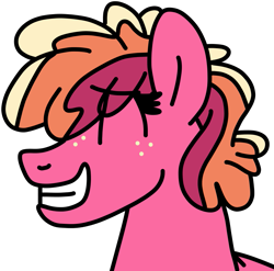 Size: 979x969 | Tagged: safe, artist:jadeharmony, imported from derpibooru, oc, oc only, oc:peachy keen, earth pony, pony, pandoraverse, bust, eye clipping through hair, eyes closed, female, freckles, grin, mare, offspring, parent:big macintosh, parent:cheerilee, parents:cheerimac, simple background, smiling, solo, transparent background