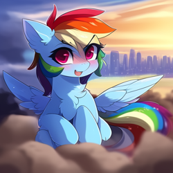 Size: 512x512 | Tagged: safe, imported from derpibooru, rainbow dash, pegasus, pony, ai content, ai generated, blushing, chest fluff, ear fluff, female, generator:stable diffusion, looking at you, mare, solo, wings