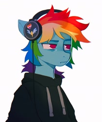 Size: 1599x1908 | Tagged: safe, artist:draw3, imported from derpibooru, rainbow dash, anthro, clothes, female, headphones, hoodie, lesbian pride flag, no pupils, pride, pride flag, simple background, solo, unamused, white background, wonderbolts logo