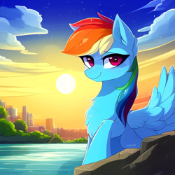 Size: 512x512 | Tagged: safe, imported from derpibooru, rainbow dash, pegasus, pony, ai content, ai generated, blushing, chest fluff, ear fluff, female, generator:stable diffusion, looking at you, mare, solo, wings