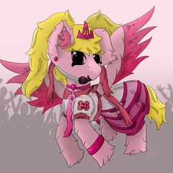 Size: 3000x3000 | Tagged: safe, artist:spiroudada, imported from derpibooru, oc, oc only, pegasus, pony, bow, clothes, collar, crossdressing, cute, dress, flying, jewelry, male, microphone, necklace, necktie, pink, pink dress, simple background, singer, solo, stage, stallion, tiara, wings