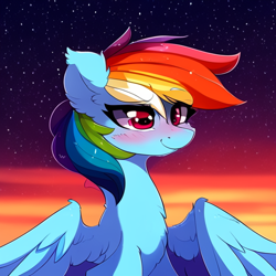 Size: 512x512 | Tagged: safe, imported from derpibooru, rainbow dash, pegasus, pony, ai content, ai generated, blushing, chest fluff, ear fluff, female, generator:stable diffusion, looking at you, mare, solo, wings