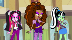 Size: 1280x720 | Tagged: safe, edit, edited screencap, imported from derpibooru, screencap, adagio dazzle, aria blaze, sonata dusk, human, equestria girls, rainbow rocks, brown hair, eyeshadow, green skin, makeup, monster high, multicolored hair, pigtails, pink skin, ponytail, the dazzlings, twintails