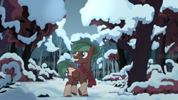 Size: 1600x900 | Tagged: safe, artist:katnekobase, artist:pgthehomicidalmaniac, artist:quasdar, imported from derpibooru, oc, oc only, oc:evergreen winters, pegasus, pony, clothes, forest, glasses, male, scarf, snow, solo, stallion, striped scarf, tree